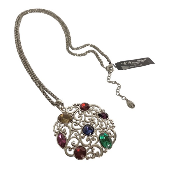 Filigree Pendant Necklace 19 Inches Multicolor Rhinestones Silver Tone By Scroll - Picture 5 of 9